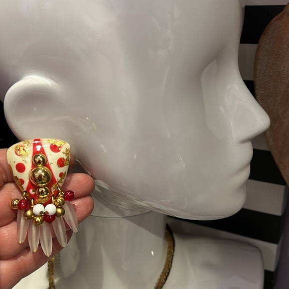 Vintage IKARAMI Red White and Gold Statement Earrings-Boutique - Picture 6 of 6